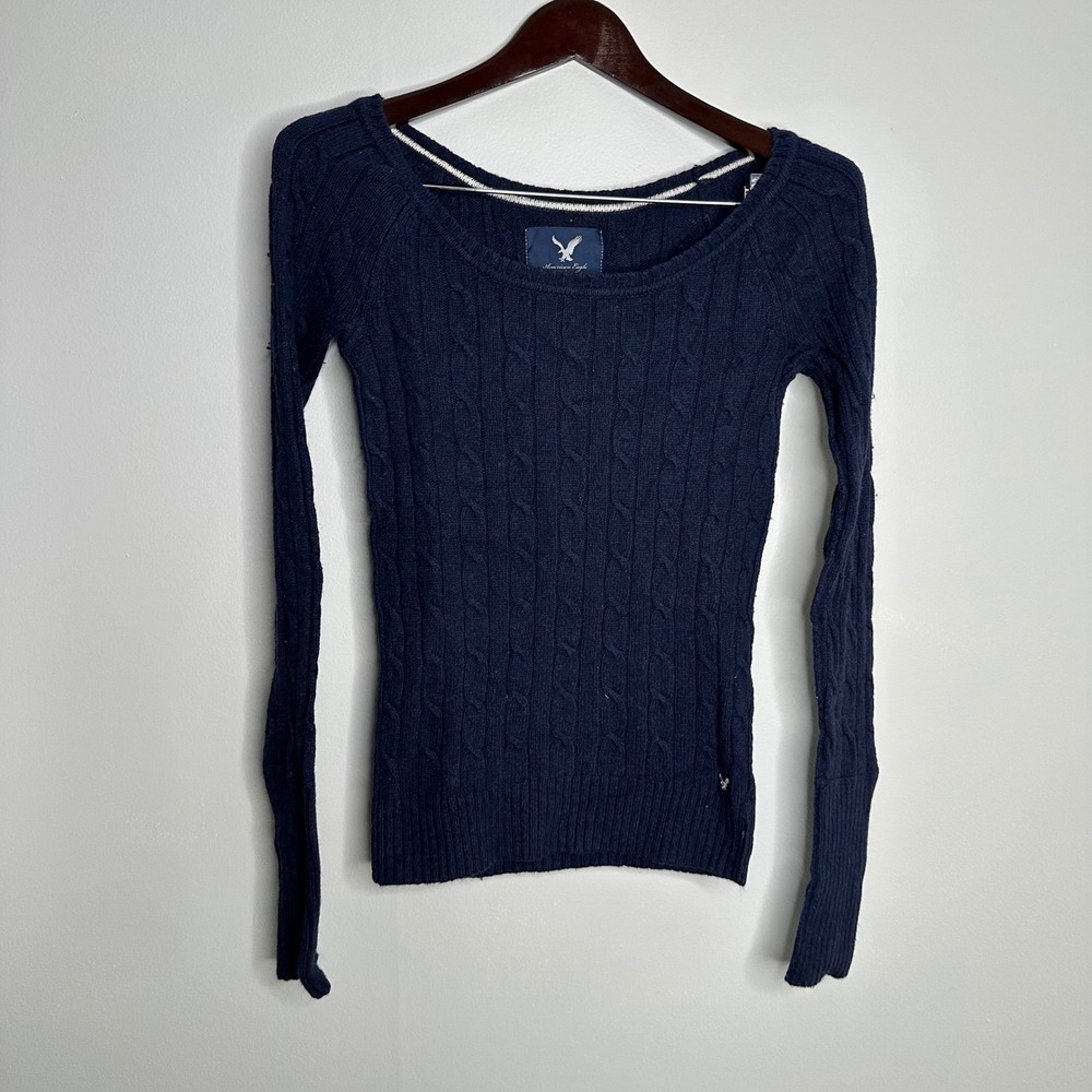 American Eagle Cable Knit Sweater Women Small‎ Navy Blue Scoop Neck Y2K